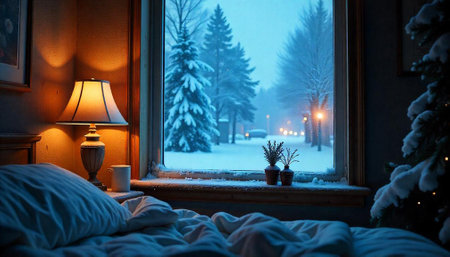 Cozy winter scene: bedroom view of snow-covered landscapeの写真素材