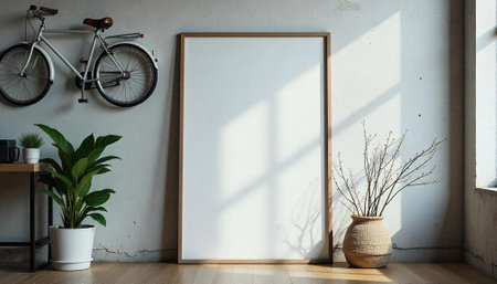 Minimalist room interior with picture frame and bike decorの写真素材