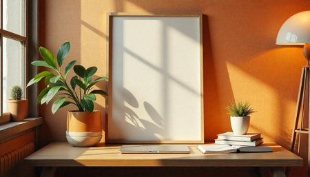 Blank frame on desk surrounded by plants and booksの写真素材