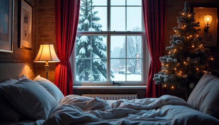 Cozy winter bedroom with Christmas tree and snowy viewの写真素材