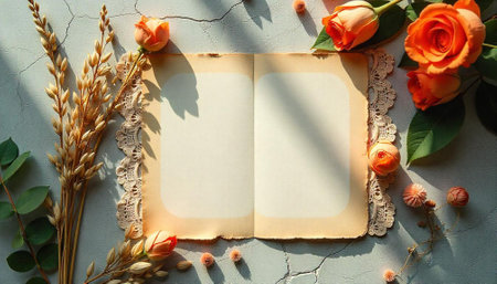 Open book with peach roses and wheat flat layの写真素材