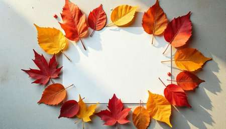 Autumn leaves framing a blank paper with copy space