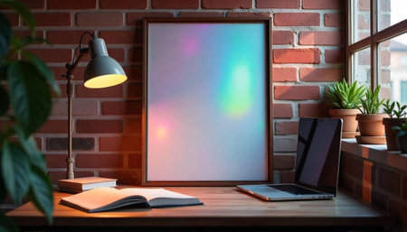 Modern workspace setup with blank frame and laptop displayの写真素材