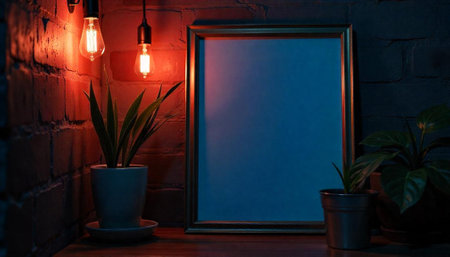 Mockup frame with plants illuminated by orange incandescent bulbsの写真素材