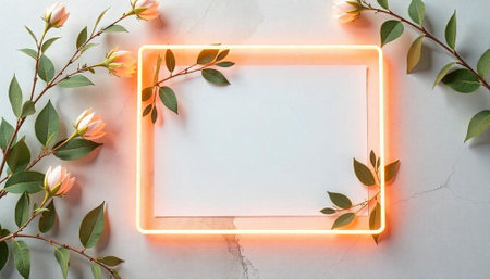 Blank paper with glowing frame and floral decorationの写真素材