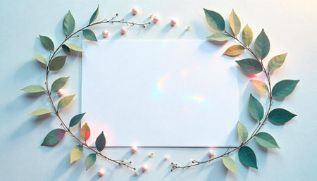 Floral frame with pastel leaves and berries around cardの写真素材