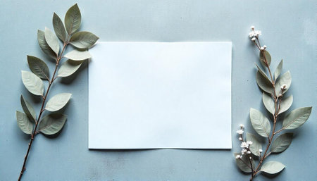 Minimalist flat lay with leaves and blank paper sheetの写真素材