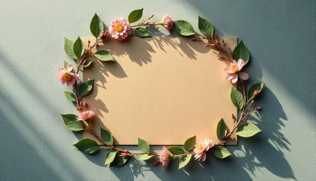 Floral wreath around tan paper on muted blue backgroundの写真素材