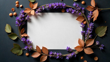 Floral wreath of lavender and autumn leaves frame blank spaceの写真素材