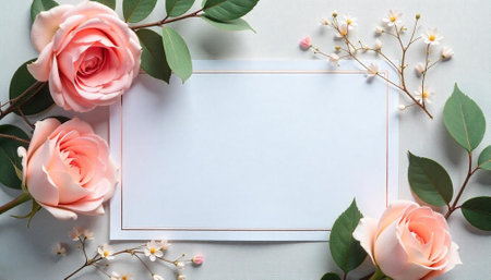 Floral frame with light pink roses and a blank cardの写真素材