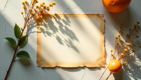 Elegant paper mockup with flowers and fruit arrangementの写真素材