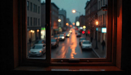 Rainy City Street View Through Window with Warm Interior Light