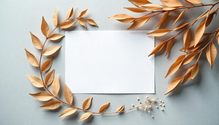 Elegant autumn frame with paper mock-up and golden leavesの写真素材