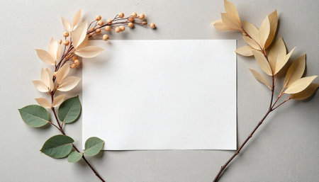 Blank white card surrounded by natural dried floral elementsの写真素材