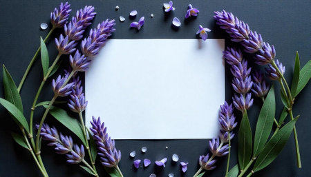Lavender blossoms frame blank card on dark gray backgroundの写真素材