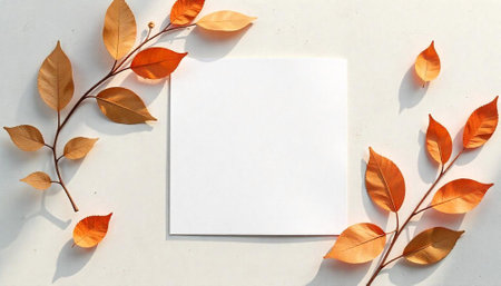 Autumn leaves frame a white card on textured surfaceの写真素材