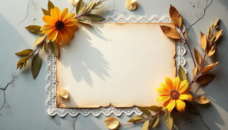 Floral arrangement with sunflowers and parchment for seasonal greetingsの写真素材