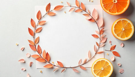 Botanical frame with autumn leaves and orange slices backdropの写真素材