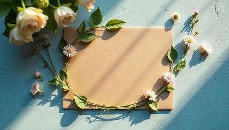 Floral stationery mockup with roses and daisies arrangementの写真素材