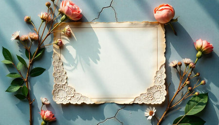 Elegant floral frame with vintage paper on blue background