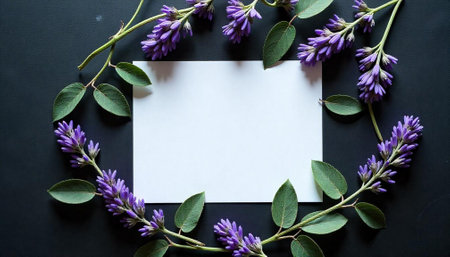 Floral frame on dark background with empty white card