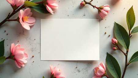 Floral background with pink blossoms and blank white cardの写真素材