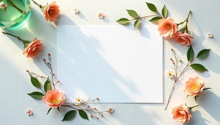 Floral frame with paper on white background springtime conceptの写真素材