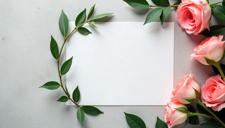 Blank card surrounded by pink roses and green leavesの写真素材