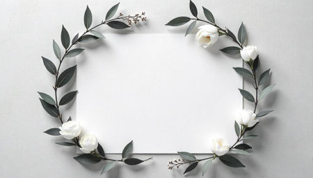 Floral frame with white roses and blank paper cardの写真素材