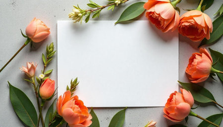 Blank card surrounded by beautiful peach roses and green leavesの写真素材