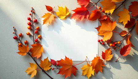 Autumn leaves and berries frame a blank white spaceの写真素材