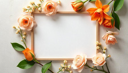 Peach and orange flowers frame a wooden picture frameの写真素材