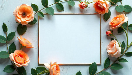 Peach roses arranged around blank frame on textured backgroundの写真素材
