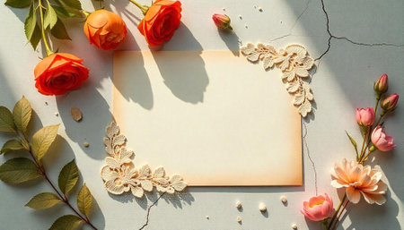 Floral themed mock up with blank card for copy spaceの写真素材