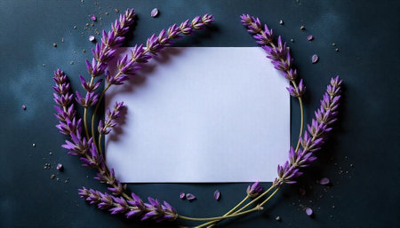 Lavender flower frame on dark background with paper cardの写真素材