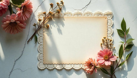 Delicate floral frame with blank card for invitationの写真素材