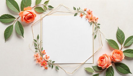 Floral Frame with Peach Roses and Blank White Spaceの写真素材