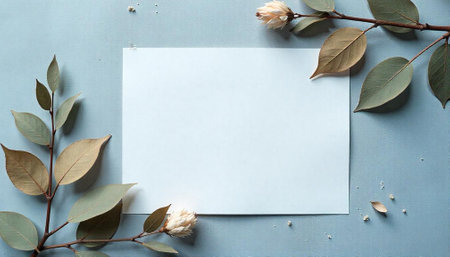 Blank card surrounded by botanical elements on blue background