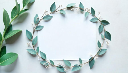 Eucalyptus leaves and white flowers frame a blank cardの写真素材