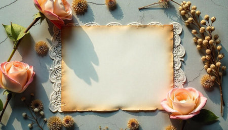 Floral frame with paper and roses for romantic designの写真素材