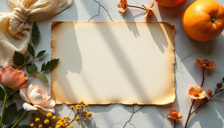 Blank aged paper sheet surrounded by flowers and fruits