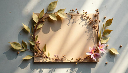 Floral frame on pale backdrop with soft light shadows