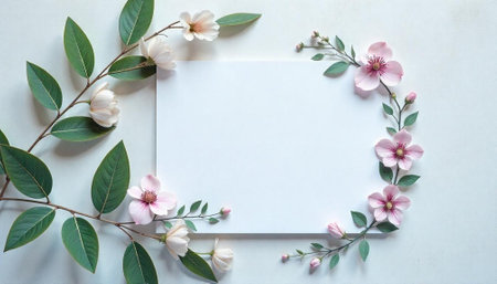 Floral frame with pink and white blossoms on paperの写真素材