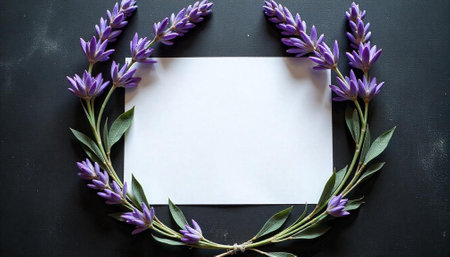 Lavender floral frame on dark background with blank cardの写真素材
