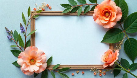 Floral frame with pastel roses and leaves on blueの写真素材