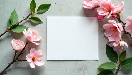 Blank card with pink cherry blossoms and green leavesの写真素材
