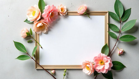 Floral frame with pink flowers and white copy spaceの写真素材