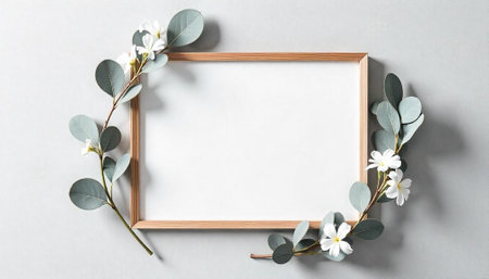 Elegant frame mockup with eucalyptus leaves and white flowersの写真素材