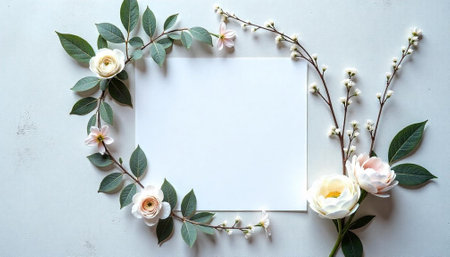 Elegant floral frame with blank white paper backgroundの写真素材