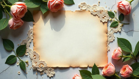 Romantic roses and aged paper framed by lace artworkの写真素材